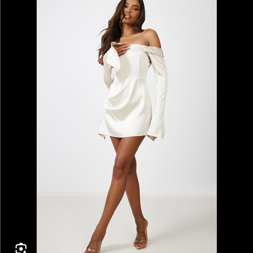 Champagne Satin Pleat Detail Bardot Flared Sleeve Shift Dress